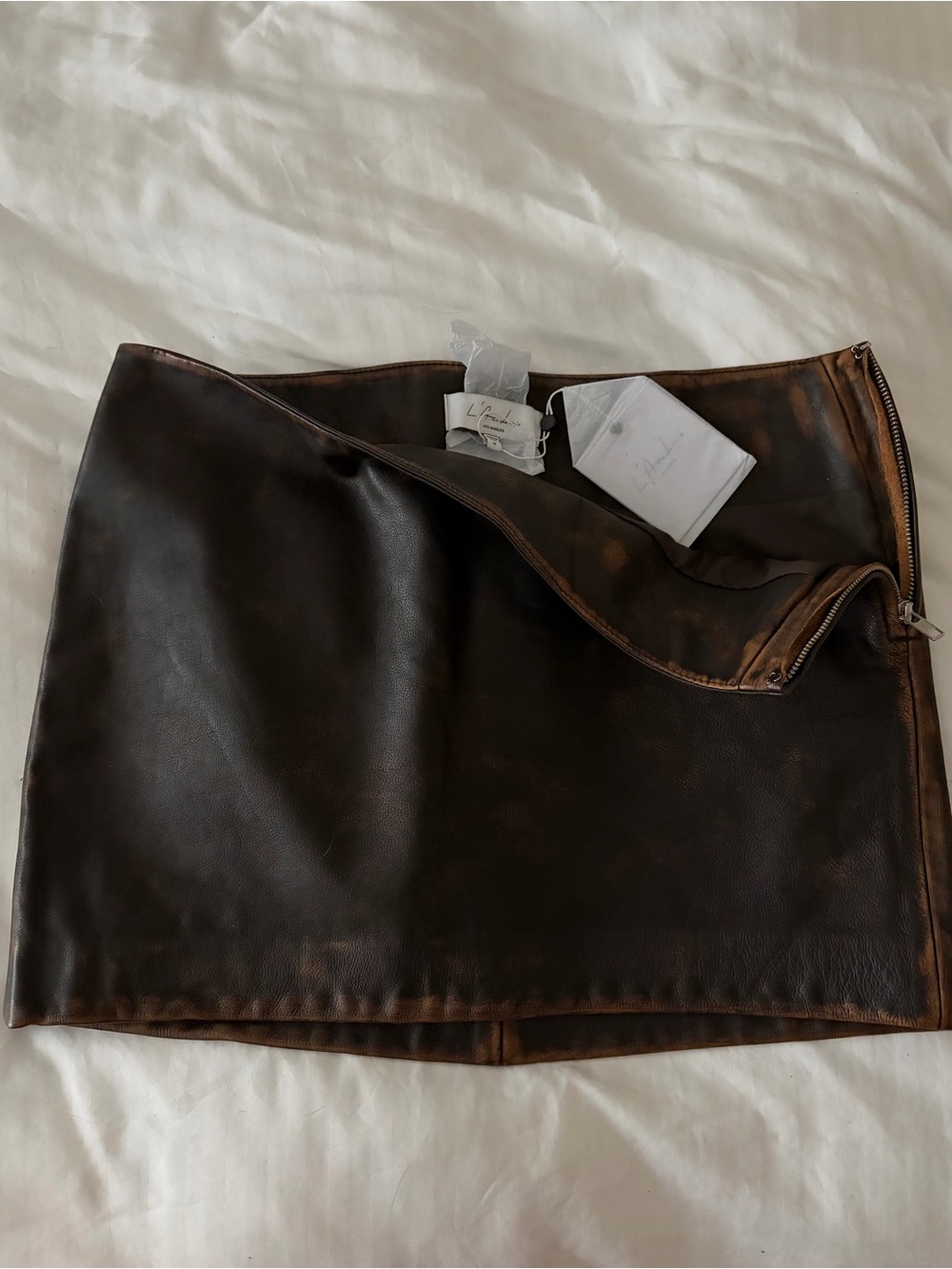 L’Academie Dark Brown Distressed Leather Mini Skirt